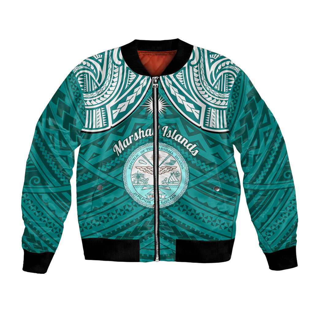 Personalised Marshall Islands Bomber Jacket Turquoise Polynesian Tribal Mix Coat Of Arms - Wonder Print Shop