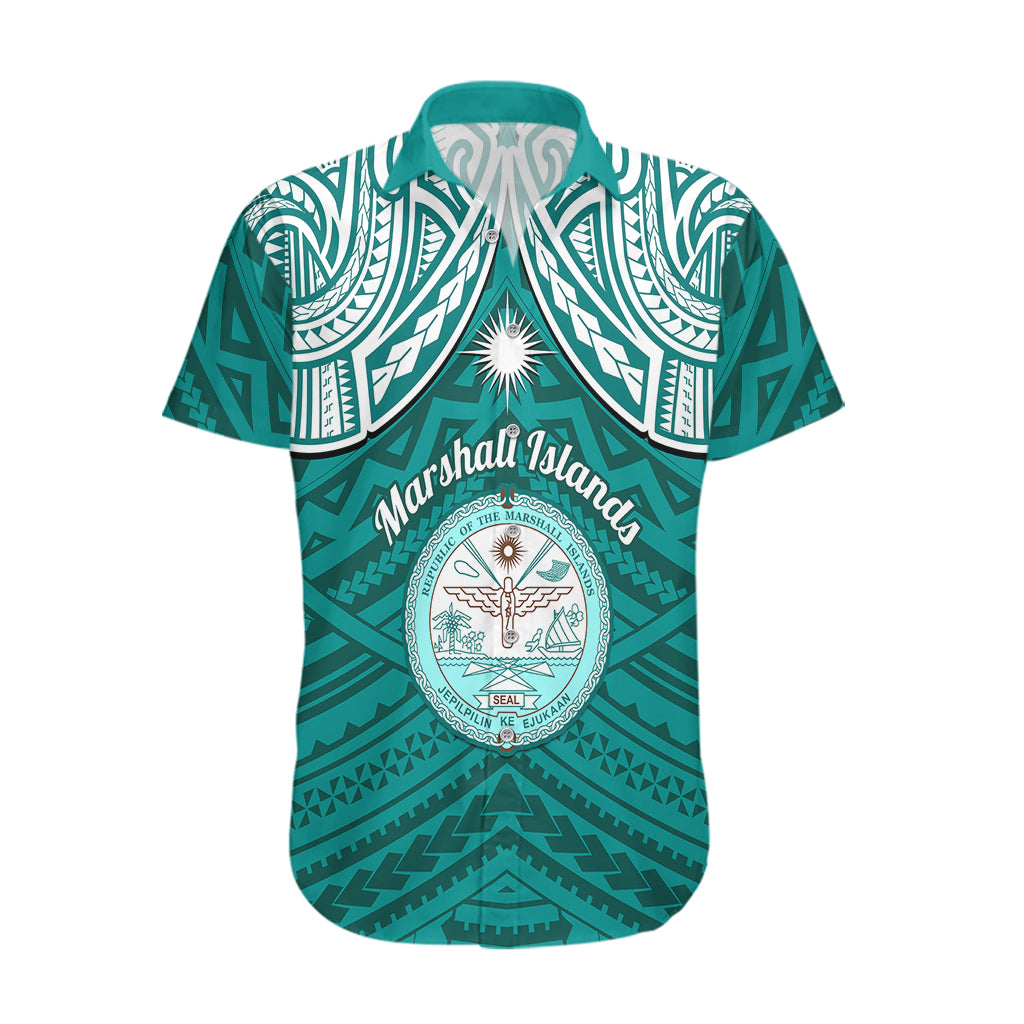 Personalised Marshall Islands Hawaiian Shirt Turquoise Polynesian Tribal Mix Coat Of Arms - Wonder Print Shop