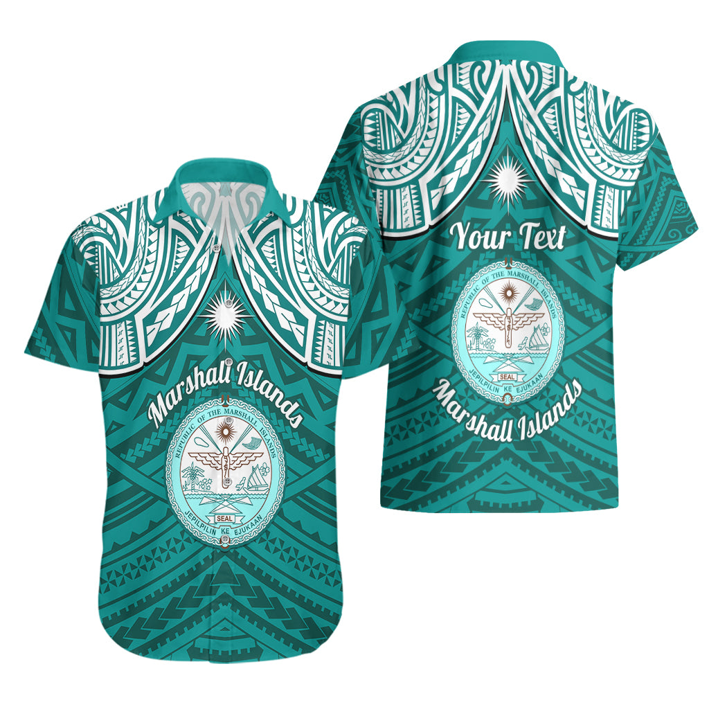 Personalised Marshall Islands Hawaiian Shirt Turquoise Polynesian Tribal Mix Coat Of Arms - Wonder Print Shop