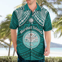 Personalised Marshall Islands Hawaiian Shirt Turquoise Polynesian Tribal Mix Coat Of Arms - Wonder Print Shop