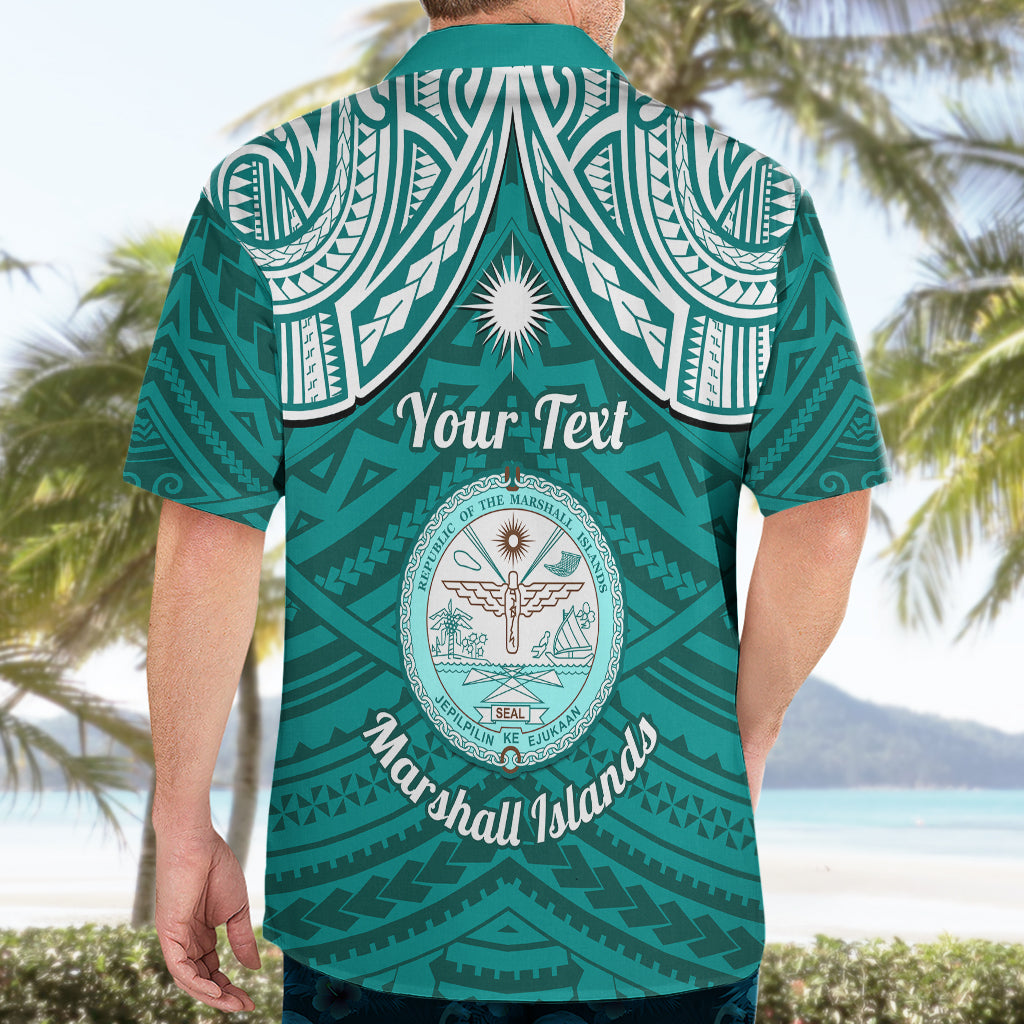 Personalised Marshall Islands Hawaiian Shirt Turquoise Polynesian Tribal Mix Coat Of Arms - Wonder Print Shop