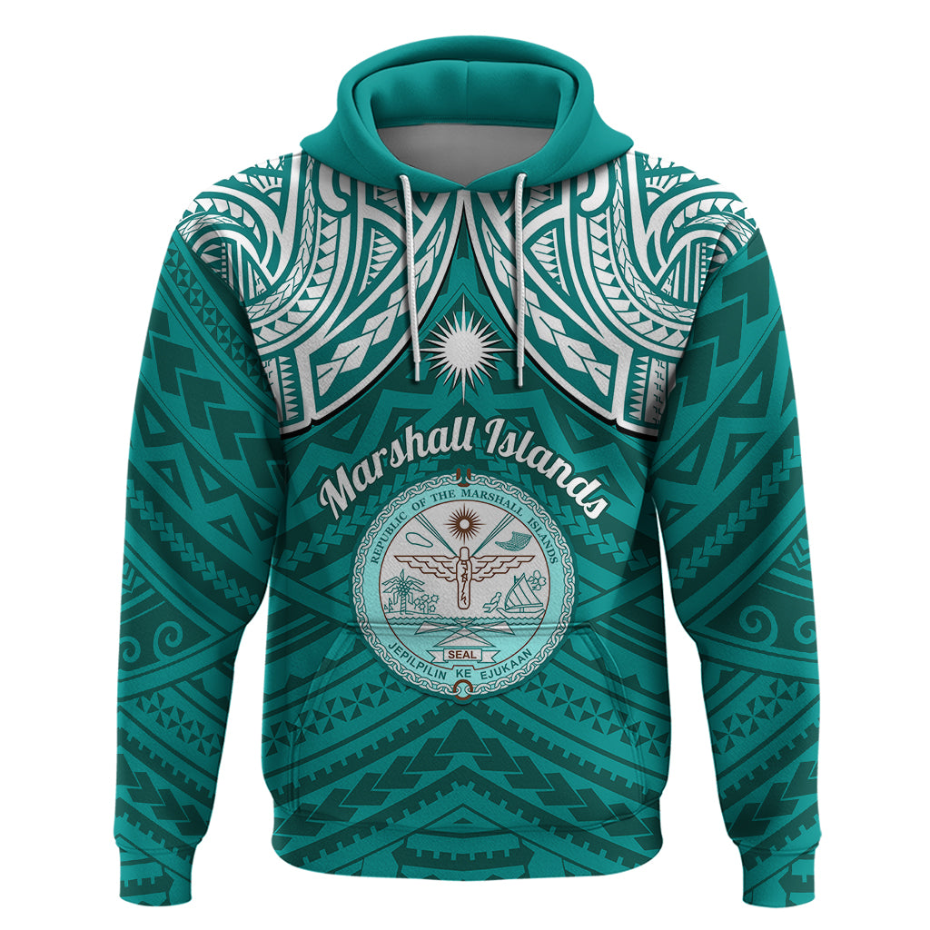 Personalised Marshall Islands Hoodie Turquoise Polynesian Tribal Mix Coat Of Arms - Wonder Print Shop
