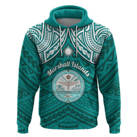 Personalised Marshall Islands Hoodie Turquoise Polynesian Tribal Mix Coat Of Arms - Wonder Print Shop