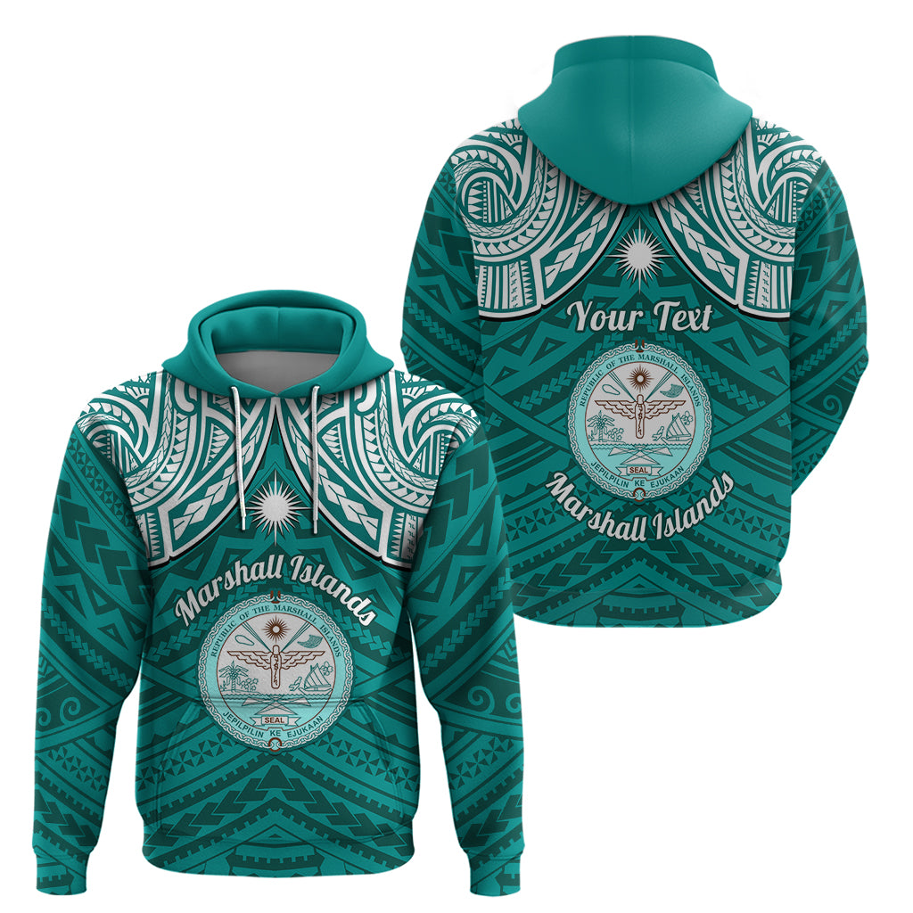 Personalised Marshall Islands Hoodie Turquoise Polynesian Tribal Mix Coat Of Arms - Wonder Print Shop