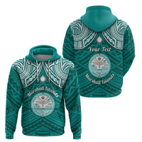 Personalised Marshall Islands Hoodie Turquoise Polynesian Tribal Mix Coat Of Arms - Wonder Print Shop