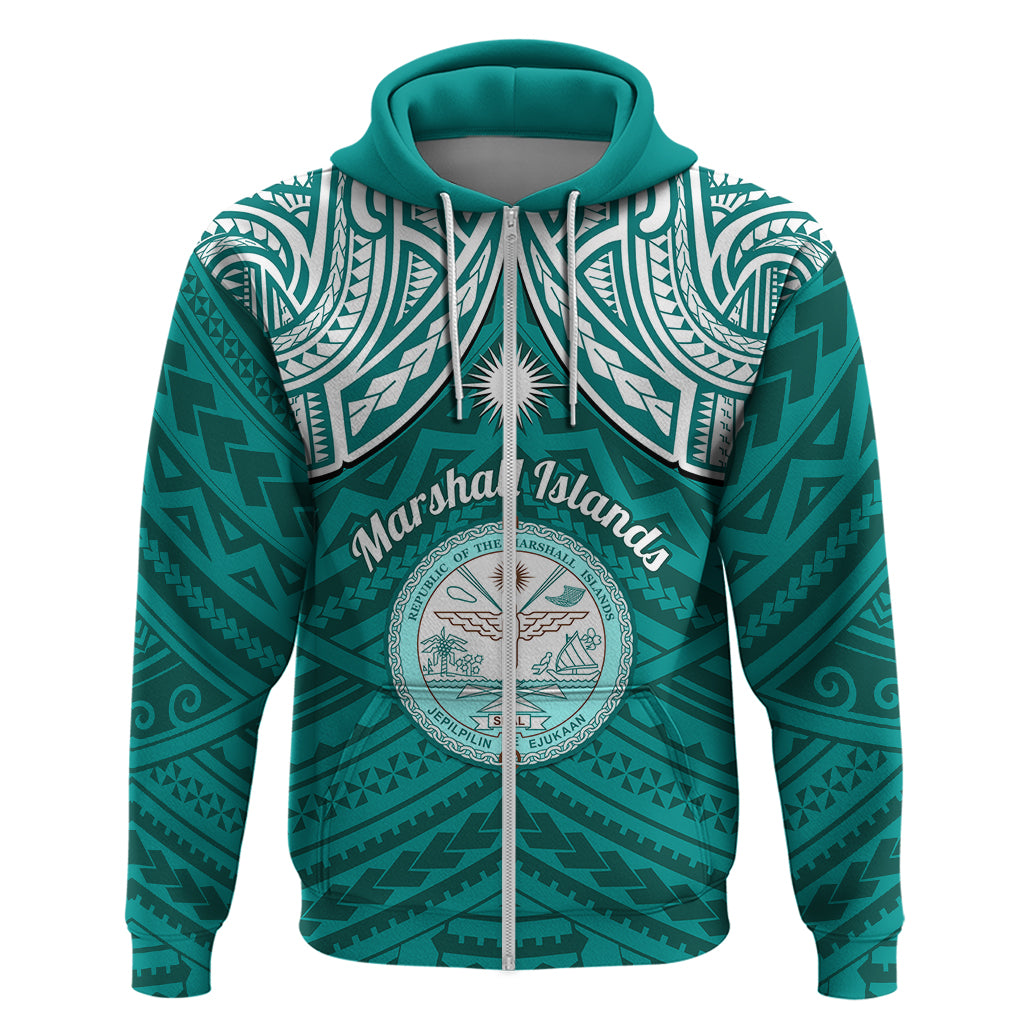 Personalised Marshall Islands Hoodie Turquoise Polynesian Tribal Mix Coat Of Arms - Wonder Print Shop