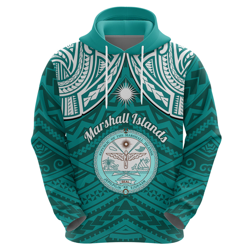 Personalised Marshall Islands Hoodie Turquoise Polynesian Tribal Mix Coat Of Arms - Wonder Print Shop