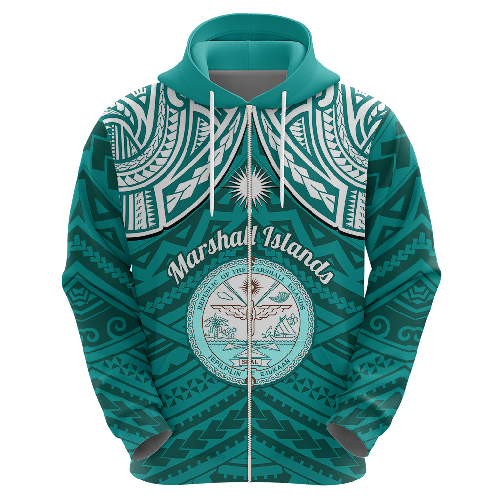 Personalised Marshall Islands Hoodie Turquoise Polynesian Tribal Mix Coat Of Arms - Wonder Print Shop