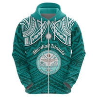 Personalised Marshall Islands Hoodie Turquoise Polynesian Tribal Mix Coat Of Arms - Wonder Print Shop