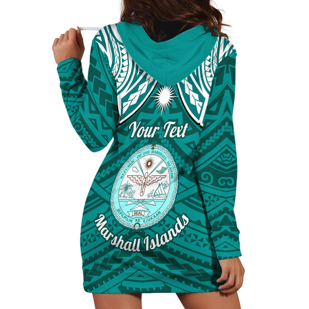 Personalised Marshall Islands Hoodie Dress Turquoise Polynesian Tribal Mix Coat Of Arms - Wonder Print Shop