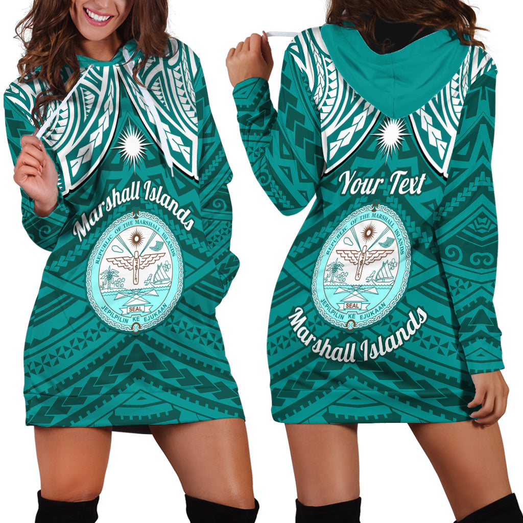 Personalised Marshall Islands Hoodie Dress Turquoise Polynesian Tribal Mix Coat Of Arms - Wonder Print Shop
