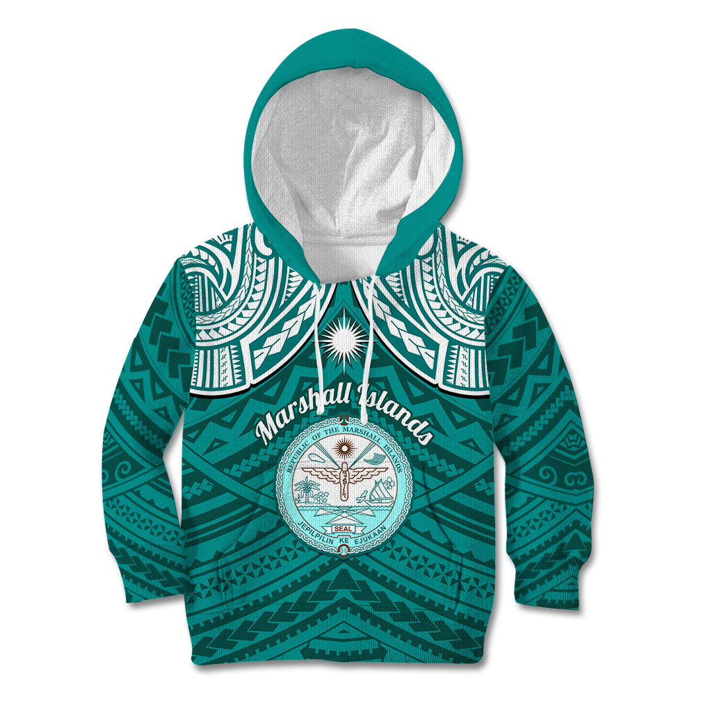 Personalised Marshall Islands Kid Hoodie Turquoise Polynesian Tribal Mix Coat Of Arms - Wonder Print Shop