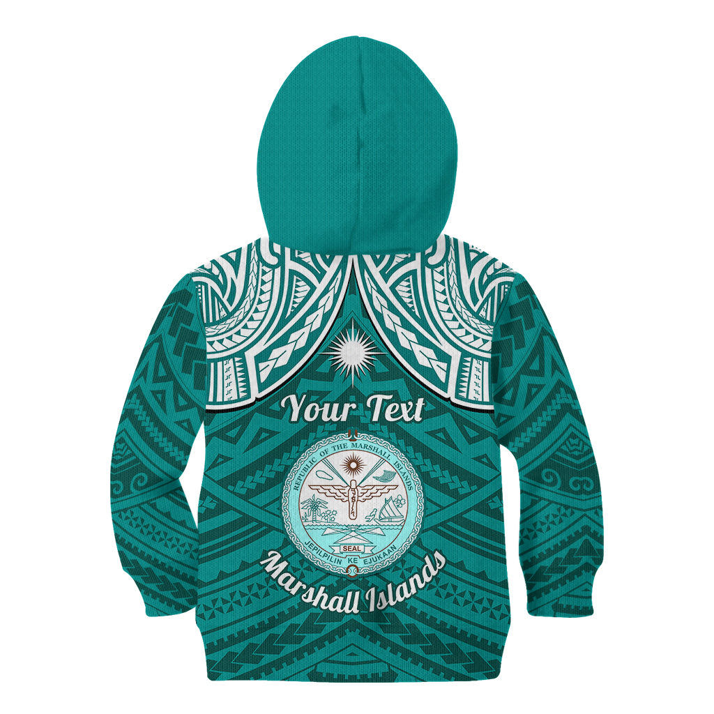 Personalised Marshall Islands Kid Hoodie Turquoise Polynesian Tribal Mix Coat Of Arms - Wonder Print Shop