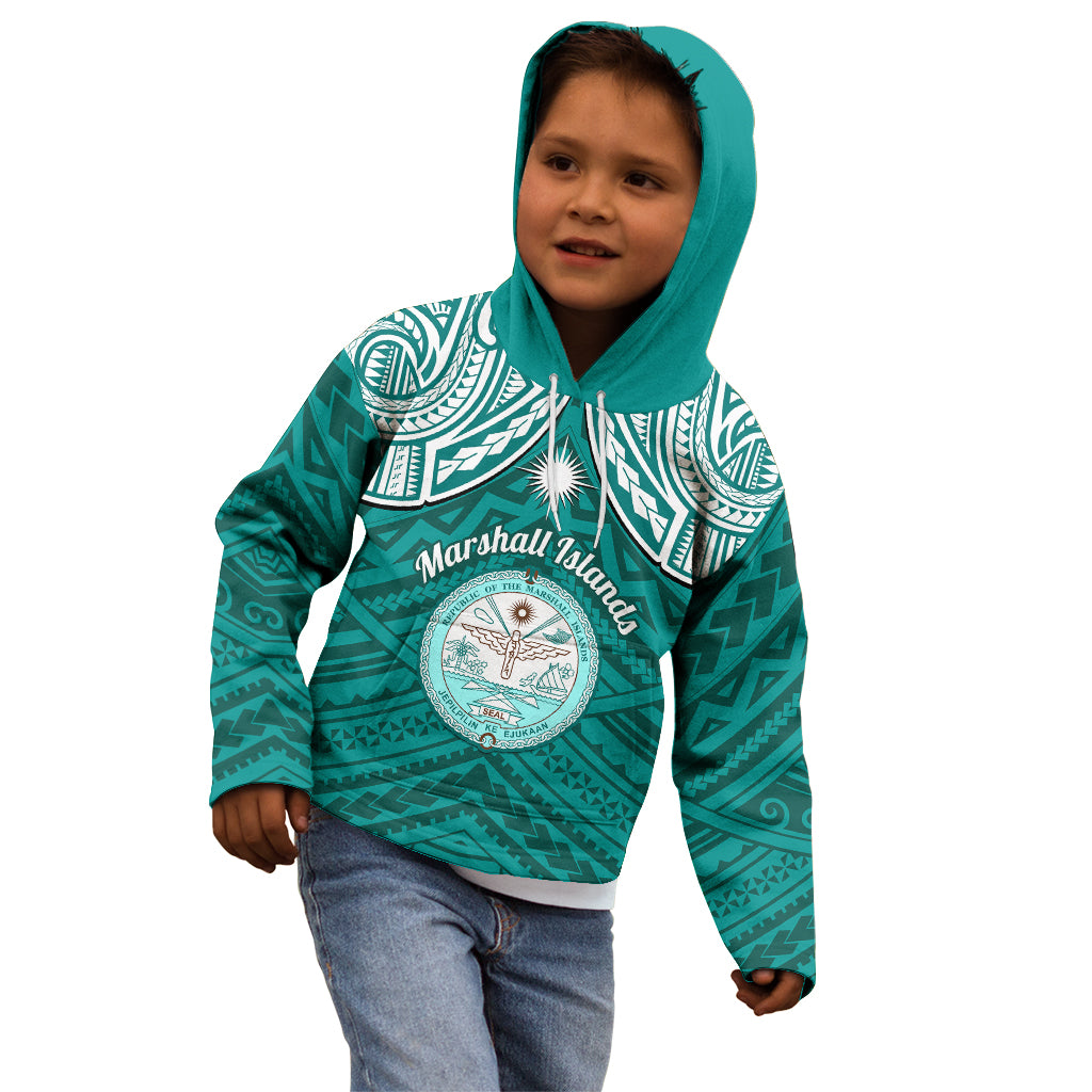 Personalised Marshall Islands Kid Hoodie Turquoise Polynesian Tribal Mix Coat Of Arms - Wonder Print Shop