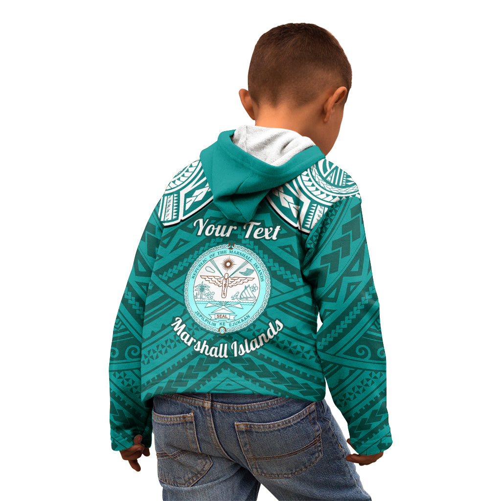 Personalised Marshall Islands Kid Hoodie Turquoise Polynesian Tribal Mix Coat Of Arms - Wonder Print Shop