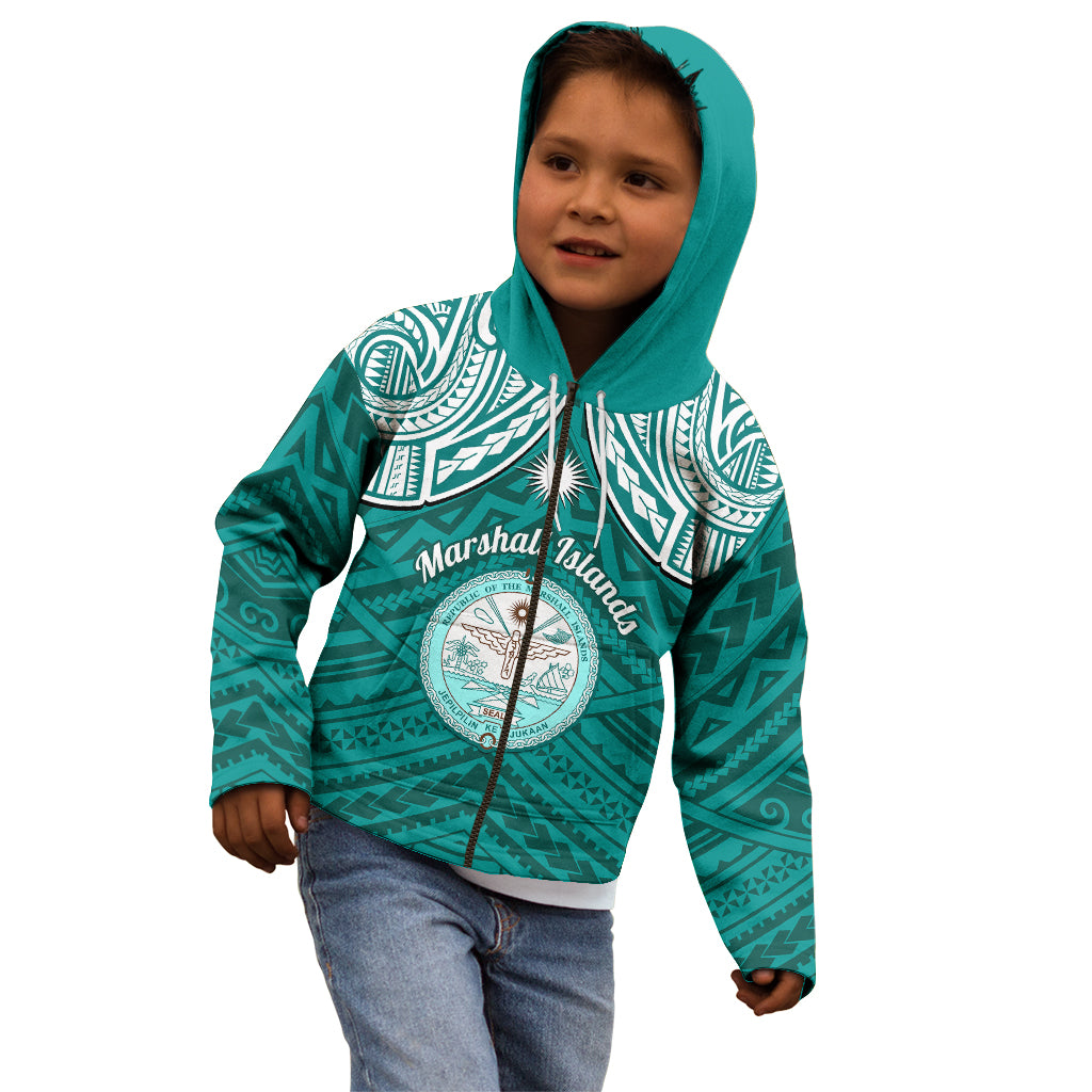 Personalised Marshall Islands Kid Hoodie Turquoise Polynesian Tribal Mix Coat Of Arms - Wonder Print Shop
