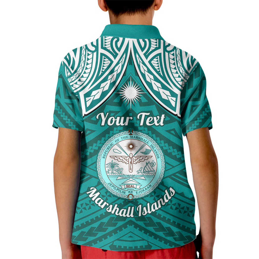 Personalised Marshall Islands Kid Polo Shirt Turquoise Polynesian Tribal Mix Coat Of Arms - Wonder Print Shop