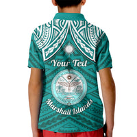 Personalised Marshall Islands Kid Polo Shirt Turquoise Polynesian Tribal Mix Coat Of Arms - Wonder Print Shop