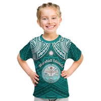 Personalised Marshall Islands Kid T Shirt Turquoise Polynesian Tribal Mix Coat Of Arms - Wonder Print Shop