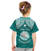 Personalised Marshall Islands Kid T Shirt Turquoise Polynesian Tribal Mix Coat Of Arms - Wonder Print Shop