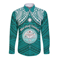 Personalised Marshall Islands Long Sleeve Button Shirt Turquoise Polynesian Tribal Mix Coat Of Arms - Wonder Print Shop