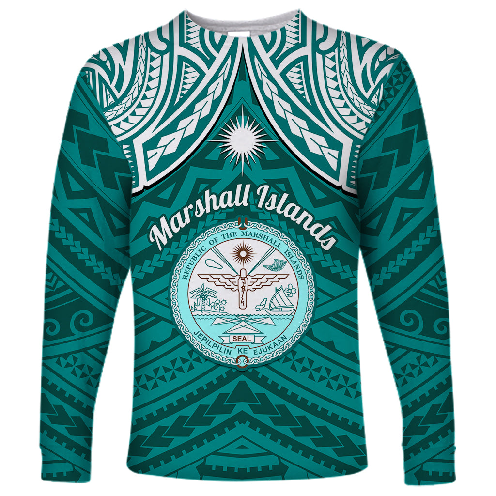 Personalised Marshall Islands Long Sleeve Shirt Turquoise Polynesian Tribal Mix Coat Of Arms - Wonder Print Shop