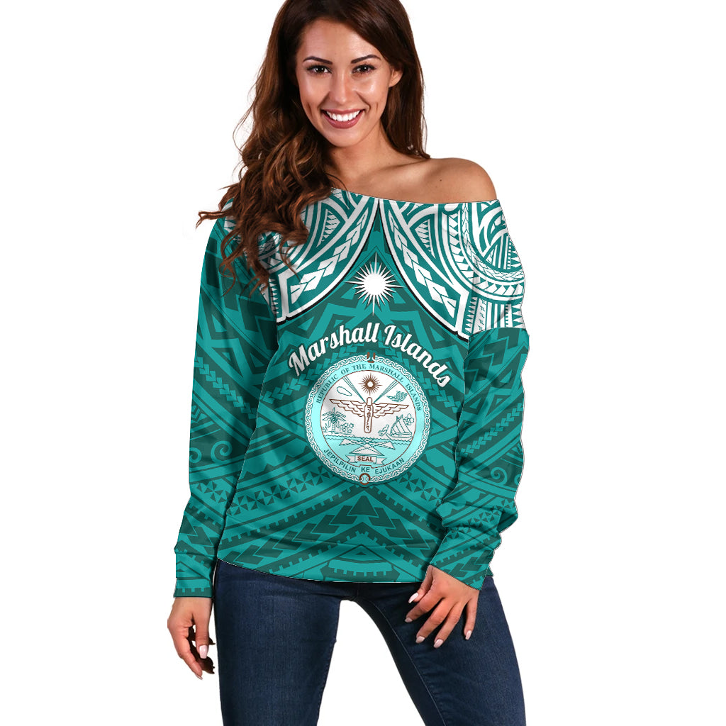 Personalised Marshall Islands Off Shoulder Sweater Turquoise Polynesian Tribal Mix Coat Of Arms - Wonder Print Shop