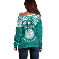 Personalised Marshall Islands Off Shoulder Sweater Turquoise Polynesian Tribal Mix Coat Of Arms - Wonder Print Shop