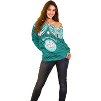Personalised Marshall Islands Off Shoulder Sweater Turquoise Polynesian Tribal Mix Coat Of Arms - Wonder Print Shop