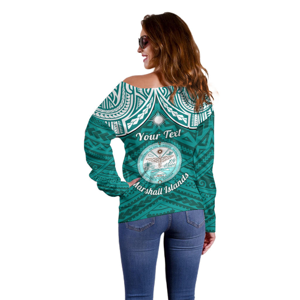 Personalised Marshall Islands Off Shoulder Sweater Turquoise Polynesian Tribal Mix Coat Of Arms - Wonder Print Shop