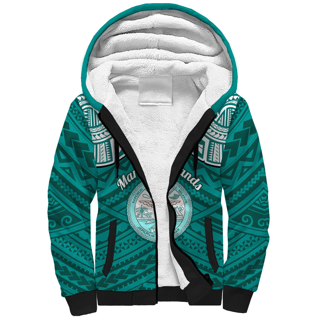 Personalised Marshall Islands Sherpa Hoodie Turquoise Polynesian Tribal Mix Coat Of Arms - Wonder Print Shop