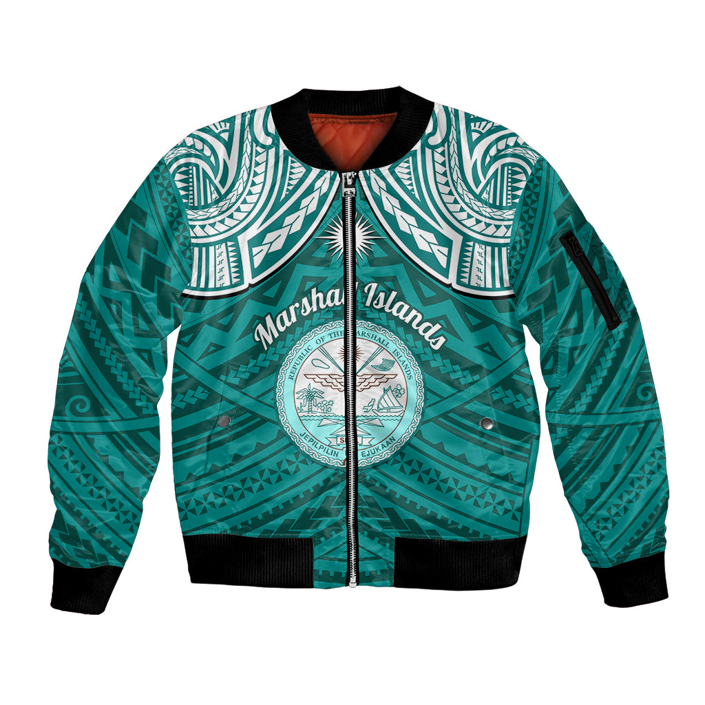 Personalised Marshall Islands Sleeve Zip Bomber Jacket Turquoise Polynesian Tribal Mix Coat Of Arms - Wonder Print Shop
