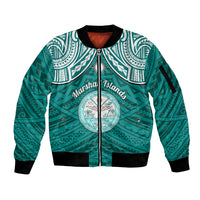 Personalised Marshall Islands Sleeve Zip Bomber Jacket Turquoise Polynesian Tribal Mix Coat Of Arms - Wonder Print Shop