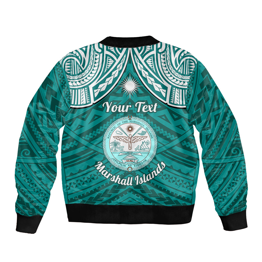 Personalised Marshall Islands Sleeve Zip Bomber Jacket Turquoise Polynesian Tribal Mix Coat Of Arms - Wonder Print Shop