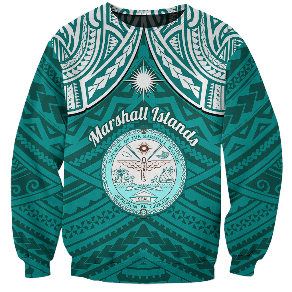 Personalised Marshall Islands Sweatshirt Turquoise Polynesian Tribal Mix Coat Of Arms - Wonder Print Shop