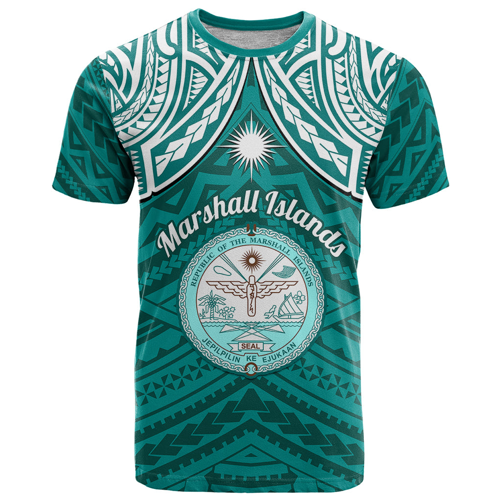 Personalised Marshall Islands T Shirt Turquoise Polynesian Tribal Mix Coat Of Arms - Wonder Print Shop