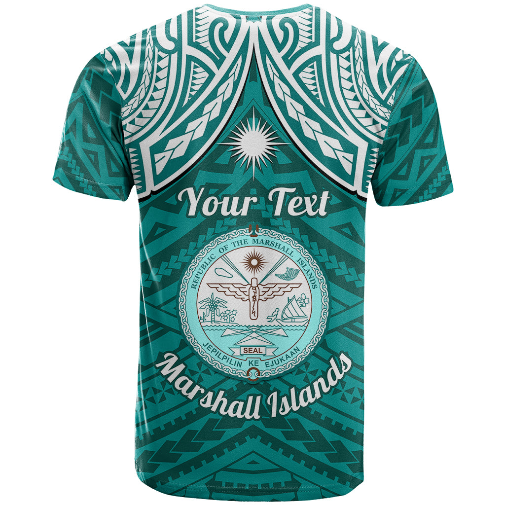 Personalised Marshall Islands T Shirt Turquoise Polynesian Tribal Mix Coat Of Arms - Wonder Print Shop