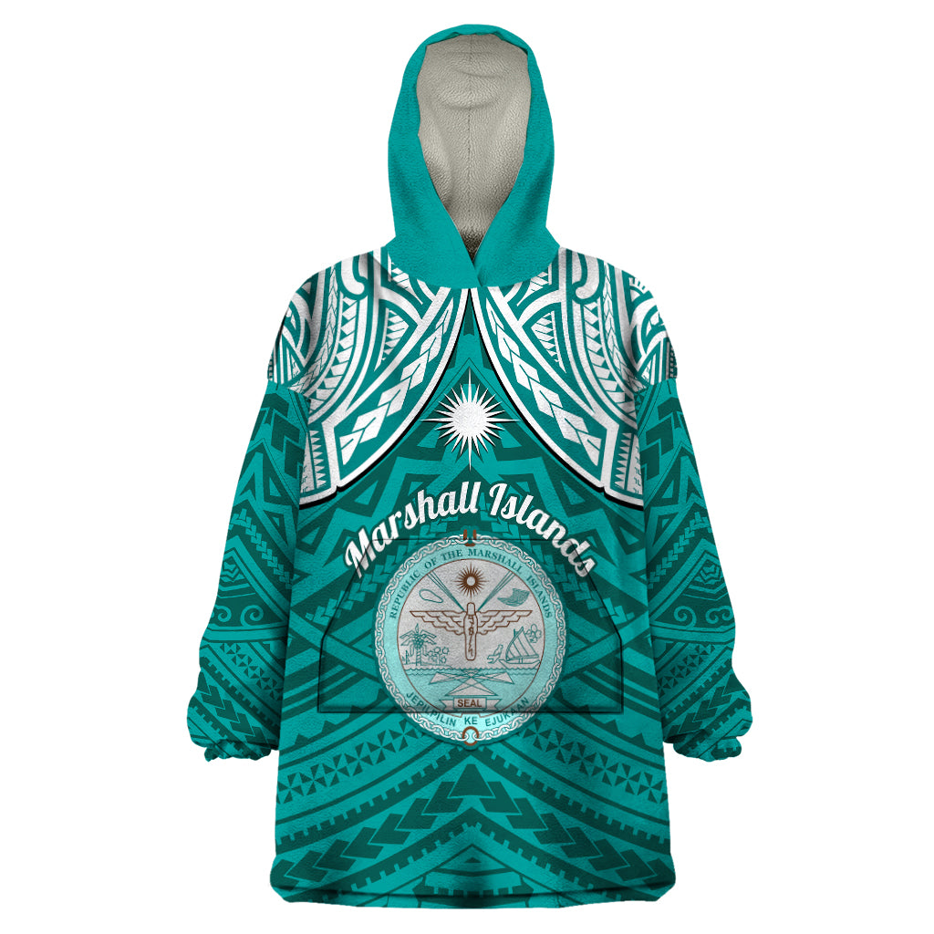 Personalised Marshall Islands Wearable Blanket Hoodie Turquoise Polynesian Tribal Mix Coat Of Arms - Wonder Print Shop