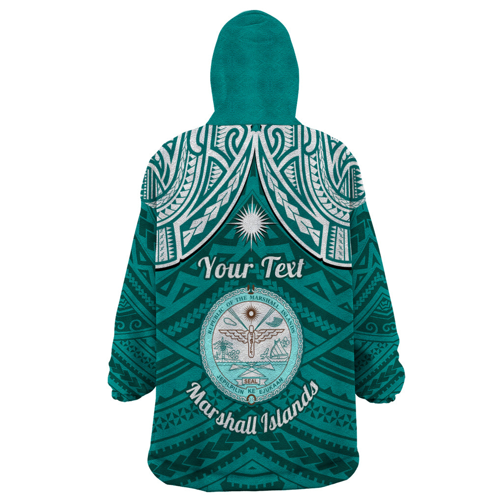 Personalised Marshall Islands Wearable Blanket Hoodie Turquoise Polynesian Tribal Mix Coat Of Arms - Wonder Print Shop