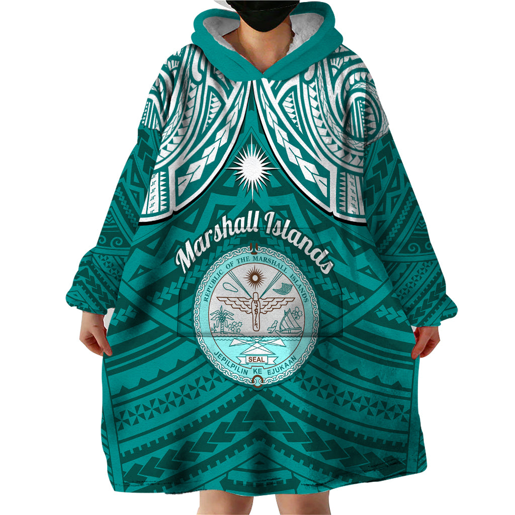 Personalised Marshall Islands Wearable Blanket Hoodie Turquoise Polynesian Tribal Mix Coat Of Arms - Wonder Print Shop