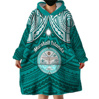 Personalised Marshall Islands Wearable Blanket Hoodie Turquoise Polynesian Tribal Mix Coat Of Arms - Wonder Print Shop