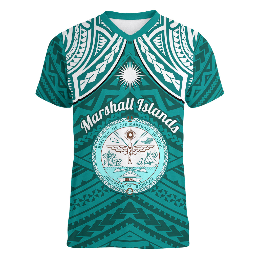 personalised-marshall-islands-women-v-neck-t-shirt-turquoise-polynesian-tribal-mix-coat-of-arms