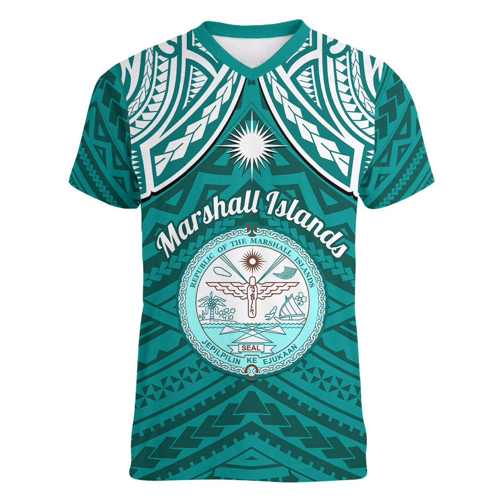 Personalised Marshall Islands Women V Neck T Shirt Turquoise Polynesian Tribal Mix Coat Of Arms - Wonder Print Shop
