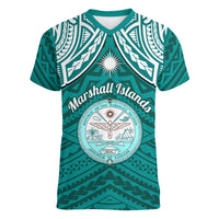 Personalised Marshall Islands Women V Neck T Shirt Turquoise Polynesian Tribal Mix Coat Of Arms - Wonder Print Shop