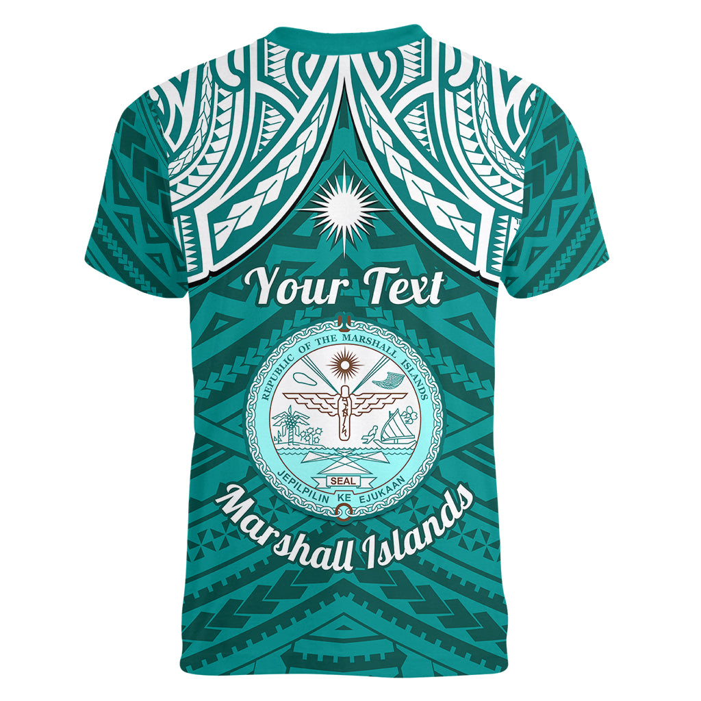 Personalised Marshall Islands Women V Neck T Shirt Turquoise Polynesian Tribal Mix Coat Of Arms - Wonder Print Shop