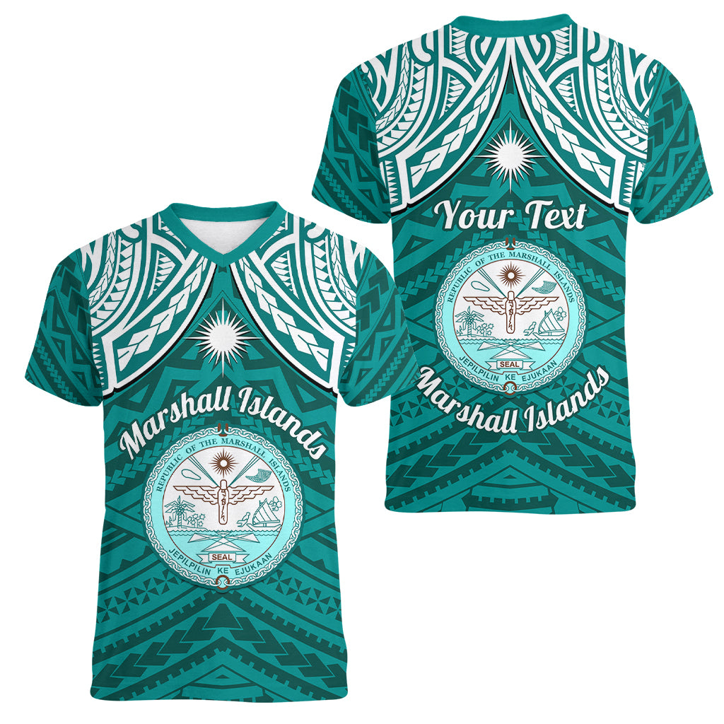 Personalised Marshall Islands Women V Neck T Shirt Turquoise Polynesian Tribal Mix Coat Of Arms - Wonder Print Shop
