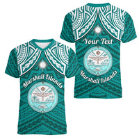 Personalised Marshall Islands Women V Neck T Shirt Turquoise Polynesian Tribal Mix Coat Of Arms - Wonder Print Shop