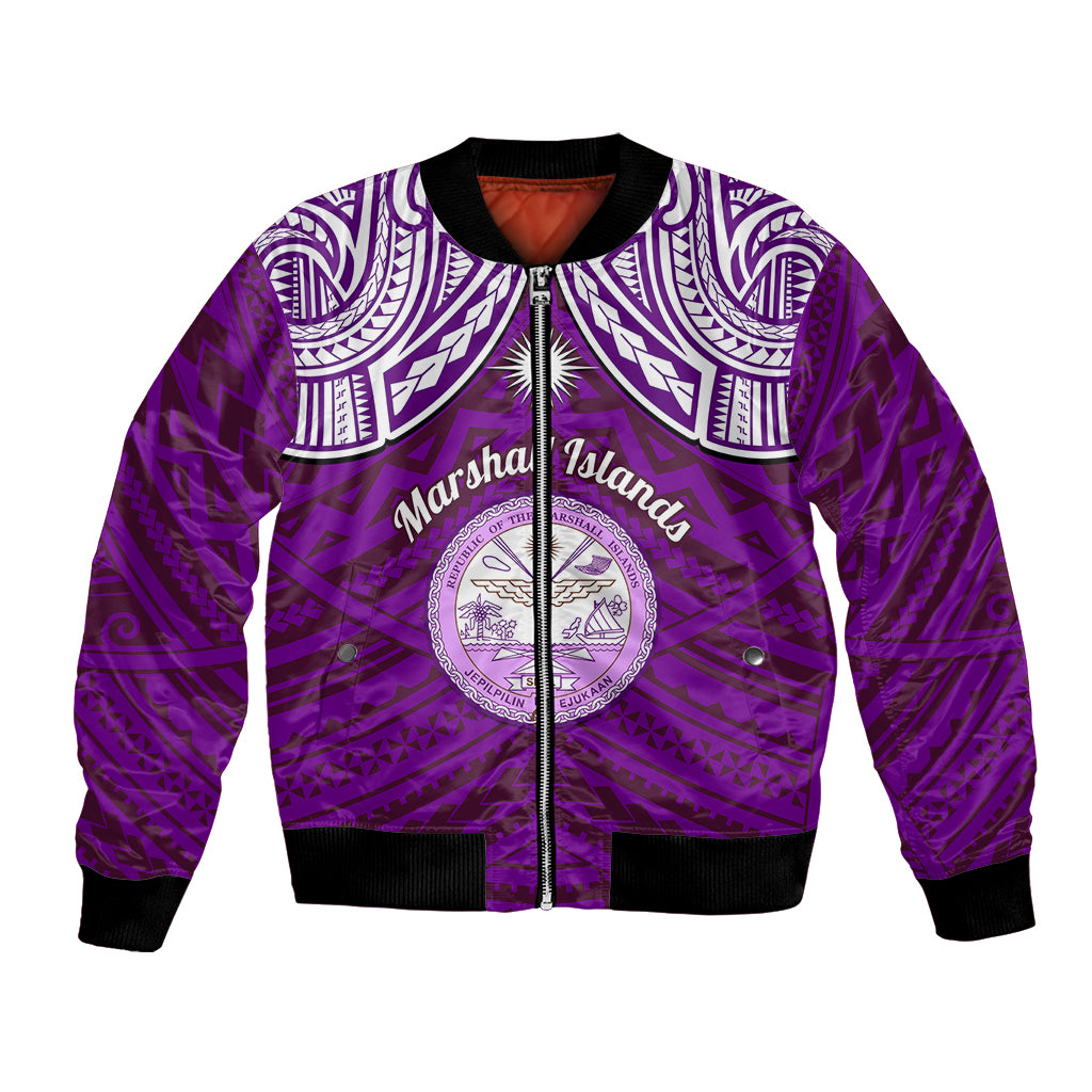 Personalised Marshall Islands Bomber Jacket Purple Polynesian Tribal Mix Coat Of Arms - Wonder Print Shop