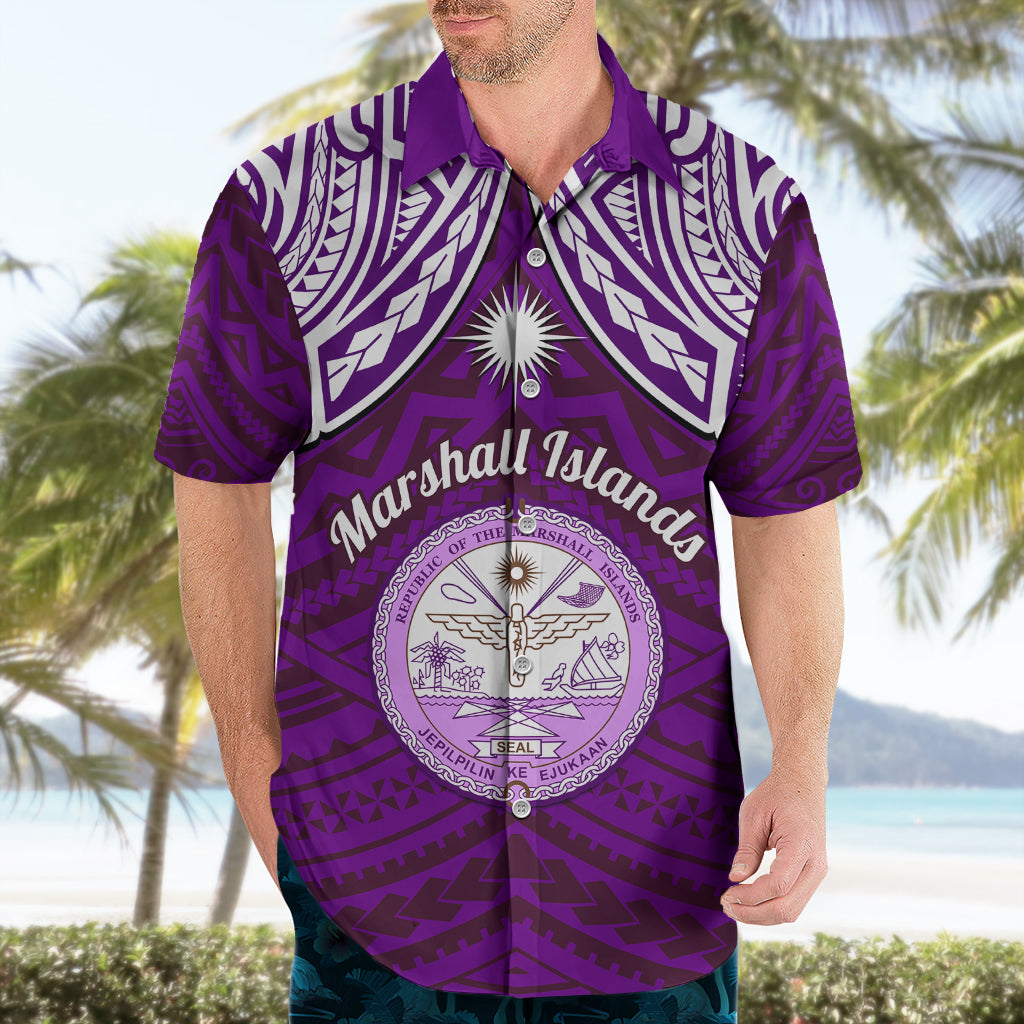 Personalised Marshall Islands Hawaiian Shirt Purple Polynesian Tribal Mix Coat Of Arms - Wonder Print Shop