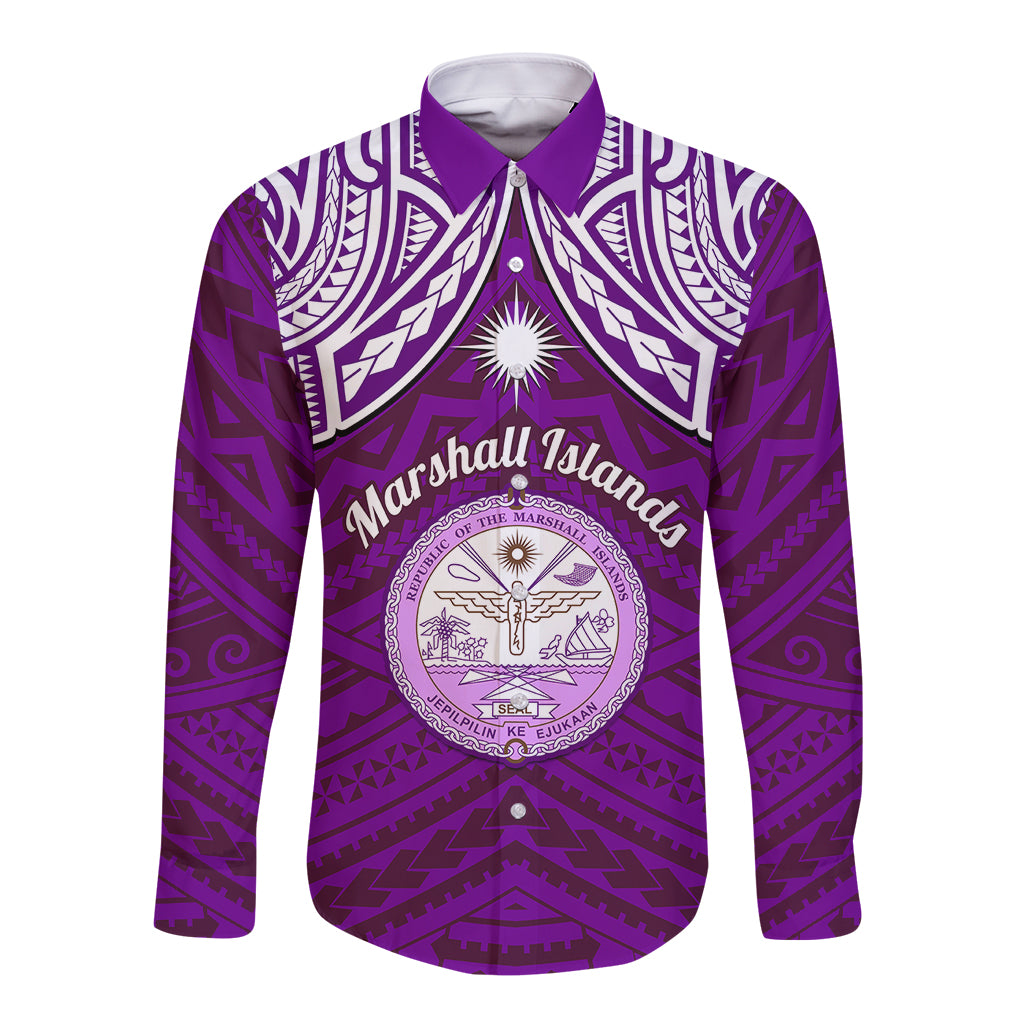 Personalised Marshall Islands Long Sleeve Button Shirt Purple Polynesian Tribal Mix Coat Of Arms - Wonder Print Shop